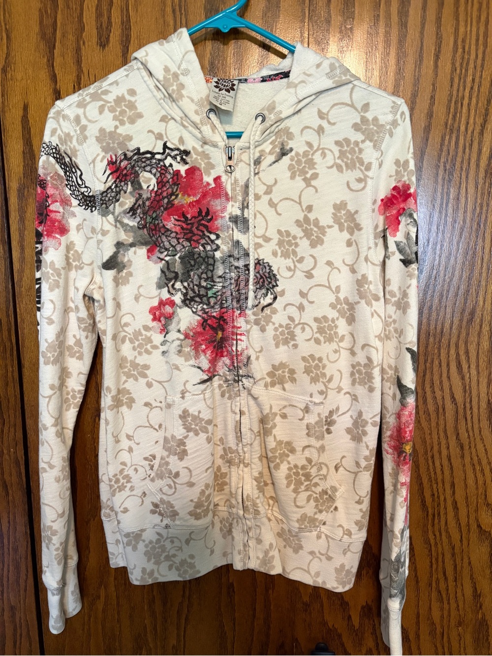 Lucky Brand Cream Zip Hoodie with Floral & Dragon Print
